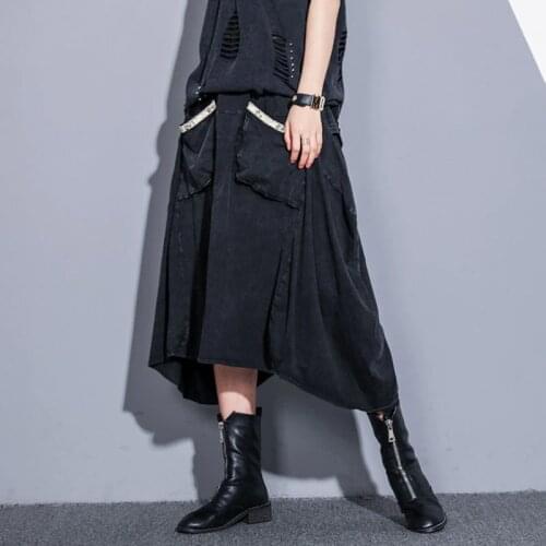 2019 New Spring Summer High Elastic Waist Black Pocket Irregular Hem Personality Denim Half-body Skirt Women Fashion