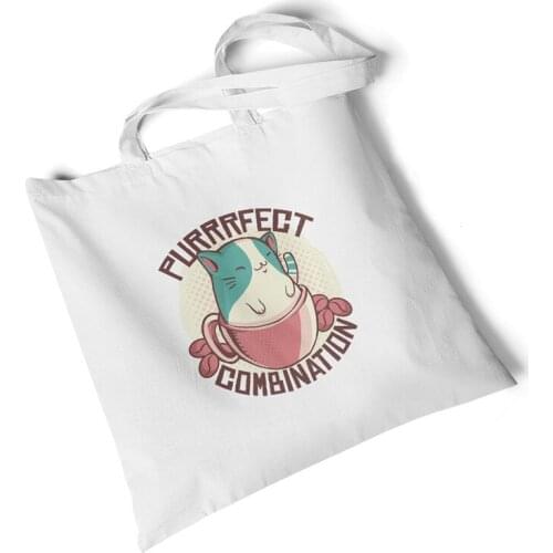 Focal20 Streetwear Environmental Shopping Bags Womens Cat Printed Canvas Bag Casual Student Handbags White Beach Shoulder Bags