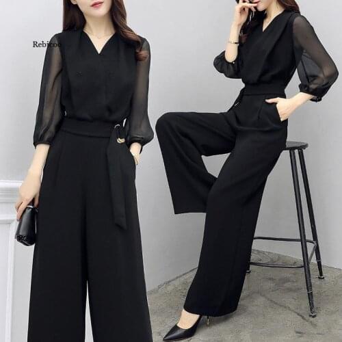 Women Spring Fashion Elegant Office Workwear Casual Jumpsuits High Neck Bell Sleeve Wide Leg Romper with Belt Jumpsuit