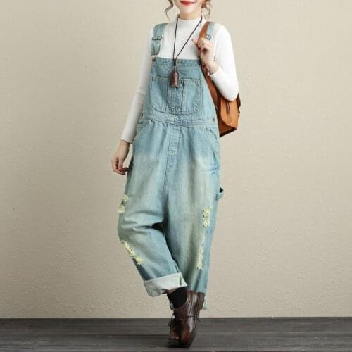 Womens Pants Baggy Rompers Dungarees Overalls Leisure Denim Jumpsuit Wide Leg Pants Trousers with Pockets