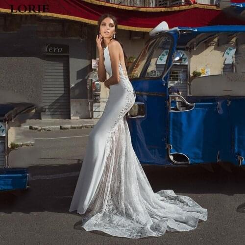 LORIE Stain Mermaid Wedding Dress Appliqued Lace Bride Dresses Buttons Back Vestido de novia Boho Wedding Gown
