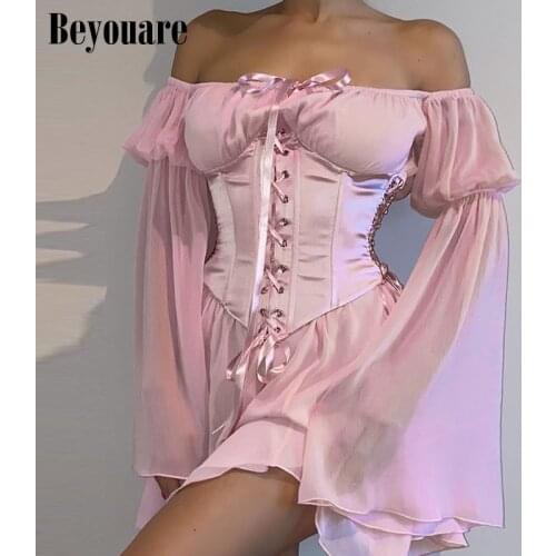 Beyouare 2021 New Summer Chiffon Mini Dress For Womens Beach Style Elegant Slash Neck Flare Sleeve Bandage Asymmetrical Dresses