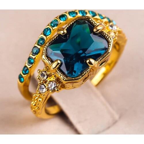 2pcs/set Vintage Wedding Rings for Women Dark Blue Crystal Gold Color Engagement Zircon Finger Ring Exquisite Jewelry Gift