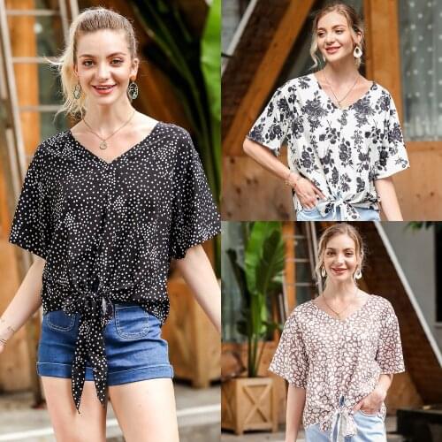 2021 Summer Womens Casual V-neck Top T-shirt Printed Polka Dot Flowers Leopard Print Short Sleeve Shirt S-XL YY49