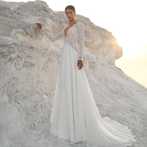 2021 Summer On Sale Lace Long Sleeve Bridal Wedding Dresses Ivory V Neckline Wedding Gowns for Bride Back Out Court Train