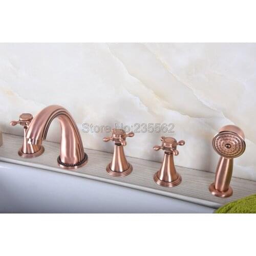 Antique Red Copper 5pcs Widespread Deck Mounted Bathtub Bath Tub Faucet with Handheld Shower Set ltf199