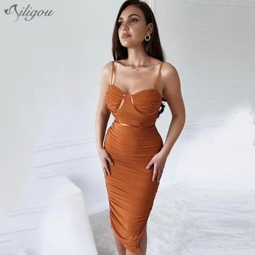 Ailigou 2021 New Women Sexy Designer Lace Mesh Ruched Orange Bandage Dress Ladies Elegant Split Midi Bodycon Party Dress Vestido