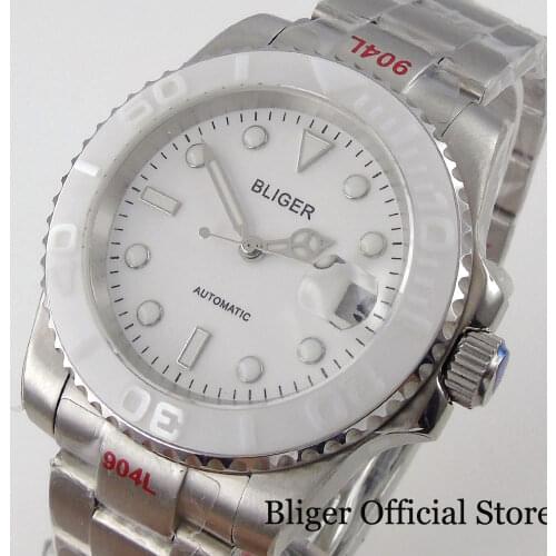 BLIGER Brand 40mm White Mechanical Men Watch NH35A MIYOTA 8215 Movement Brushed Oyster Strap Adjustable Clasp Luminous Marks