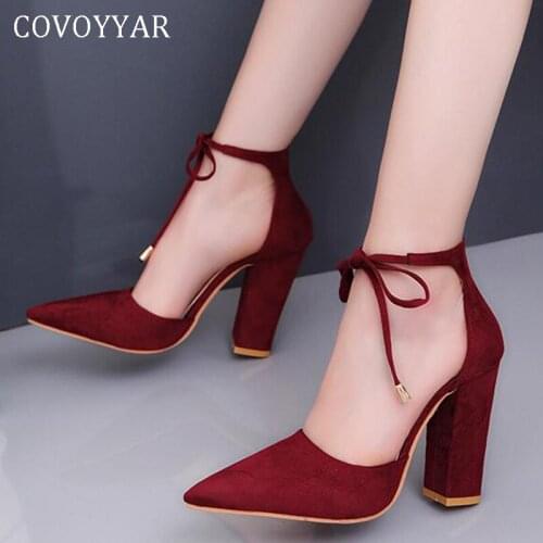 COVOYYAR 2019 Pointed Toe Women High Heels Korean Sexy Ankle Wrap Chunky Heel Lady Pumps Dress Woman Shoes Plus Size 43 WHH185