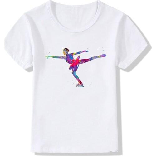 Watercolor ice skating girl print design kids t shirt cute summer top girls clothes white DIY custom tshirt child t-shirts