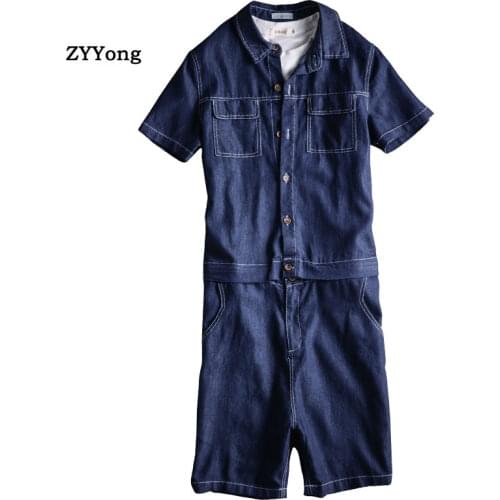 Summer Men Jeans Jumpsuit Short-Sleeved Knee Length Overalls Detachable Waist Hip-Hop Denim Shorts Black Freight Cargo Pants