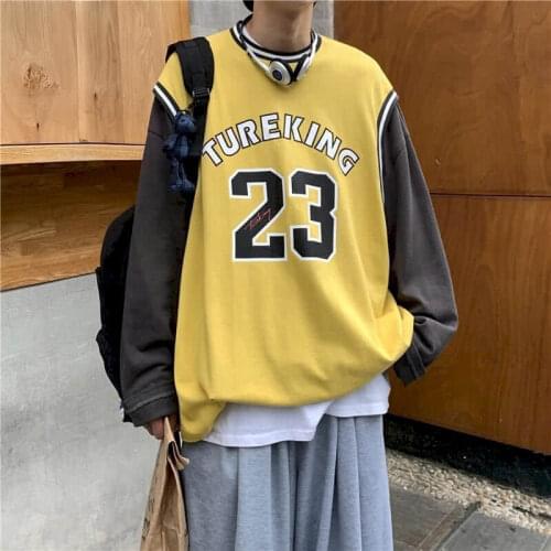 Hip hip long-sleeved T-shirt spring summer printing casual fake two-piece trendy wild pullover bottom shirt men women streetwear