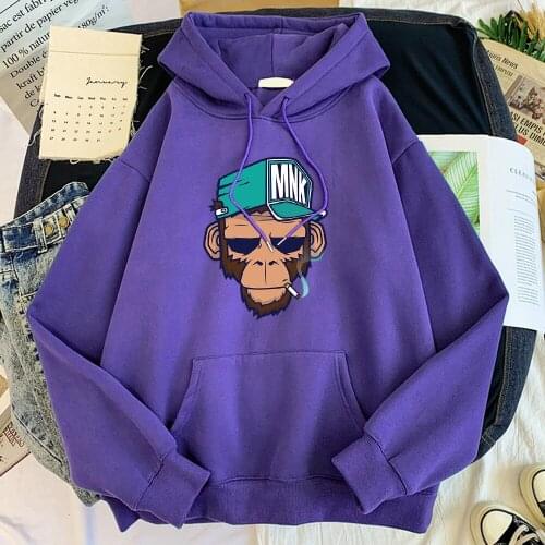 Hoodies Smoking Monkey Printing Warm Sweatshirt Woman With Hood Aesthetics Fleece WomenS Clothing Winter Kpop Hoodie Women
