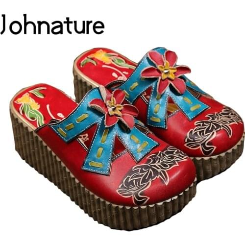 Johnature Genuine Leather Hand-painted Summer Platform Slippers Outside Flower Wedges Slides National Style Sandals Women Shoes