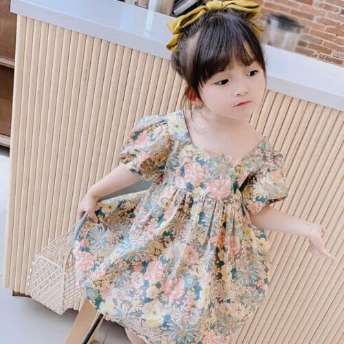 Summer Girl Princess Dress Baby Square Neck Puff Sleeve Dress Korean Kid Clothing Sundress