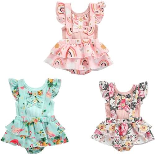2Pcs Baby Girls Summer Outfits Ruffle Sleeve Rib Knit Button Front Tops + Suspender Skirt Set