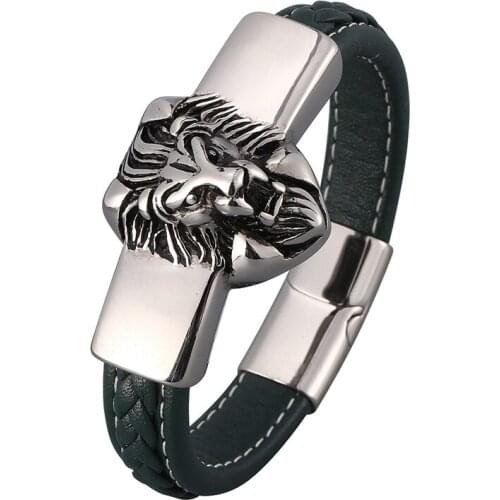 Green Leather Bracelet Men Hip Hop Leo Lion Head Stainless Steel Magnetic Buckle Rock Punk Bangles Fashion Party Jewelry SP0823