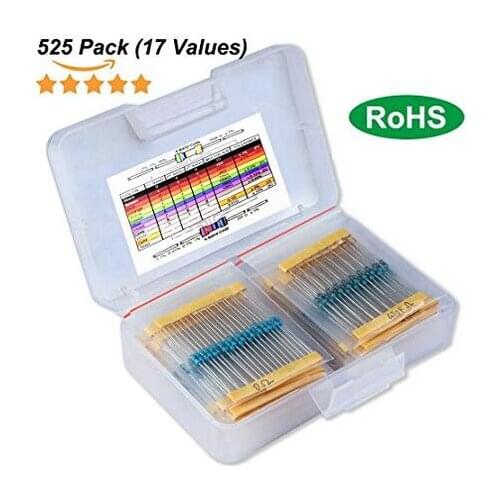 17 Values 1/4W 1% Resistor Kit Assortment, 0 Ohm-1M Ohm (Pack of 525) for class education, engineer electronics experiment