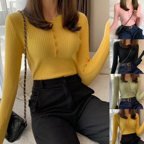 New Stylish Women Autumn Solid Color Base Sweater Long Sleeve Ribbed Pullover Buttons Knitwear Blouse Tops
