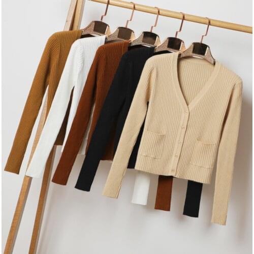 Queechalle 2021 Autumn Clothing Solid Stripe Knitting Sweater Coat Women V neck Long Sleeve Short Knitted Coat With Pockets