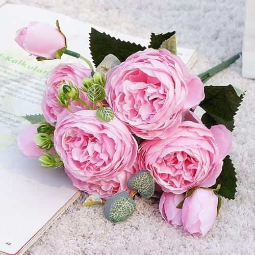 Rose Pink Silk Peony Artificial Flowers Bouquet 5 Head Fake Flowers for Home Wedding Decoration indoor 1pcs