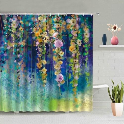 Spring Flower Vine Shower Curtain Water Color Green Leaves Floral Plant Bathtub Decor Screen Washable Hanging Curtains With Hook