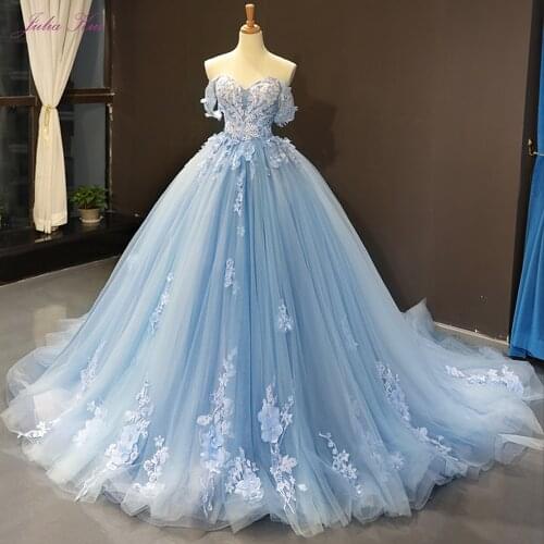 Julia Kui Gorgeous Ball Gown Wedding Dress Sky Blue Color With Elegant Appliques 3D Flowers Wedding Gown Off The Shoulder