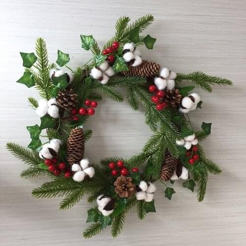20 Inch Natural Cotton Boll Wreath Mix Pine Needles Red Berries Pinecone Christmas Decorations for Home