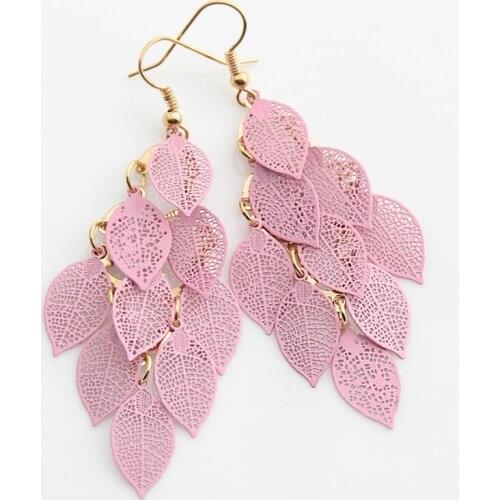Filigree Leaf Pink Sweet Drop Earrings for Women Girls Fashion Delicate Earrings Spring Summer Fresh Gold Color Drop Earrings