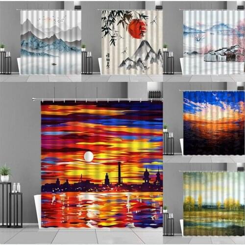 Shower Curtains Landscape Colorful Painting Chinese Ink Painting Curtain For Bath Polyester Waterproof Bathtub Screen Home Decor