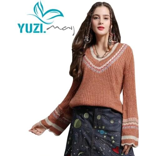 Sweater Female 2018 Yuzi.may Boho New Cotton Wool Pullover Women V-Neck Flare Sleeve Yellow Sweater For Women B9268 Pullovers