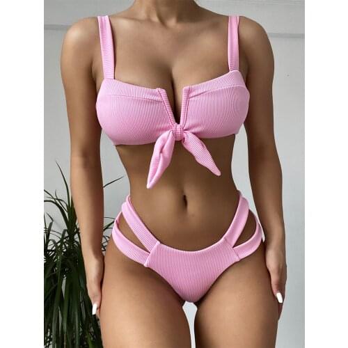 Women Bow Bandage Bikini Sexy Hollow out Swimwear 2 Pieces Sets Hot Pink Backless Bathing suits High Waist sexy swimwear women