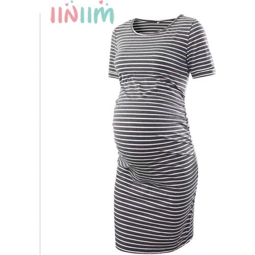 Iiniim Pregnancy Women Summer One-piece Dress Casual and soft Cotton Polyester Short Sleeve Striped Boat Neck T-shirt Dresses