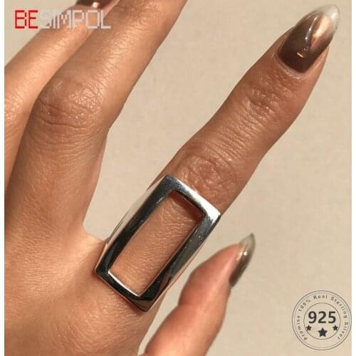 Besimpol Real 925 Sterling Silver Rectangular Ring Minimalist Geometric Adjustable Open Rings For Women Luxury 925 Fine Jewelry