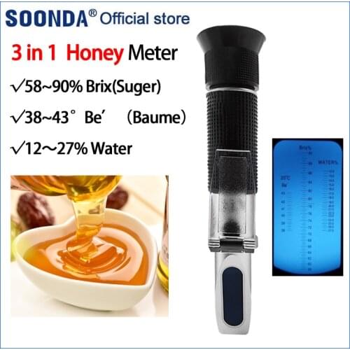 3 in 1 Honey Refractometer 58～90% Brix Meter Tester 38～43°Be＇Honey Baume Tester 12-27% Water Meter Honey Quality Detector