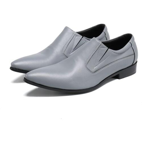 Large Size Men Grey Simple Style Pointed Toe Leather Shoes Business Party Mens Suits Shoes Slip on Man Business Flats Shoes