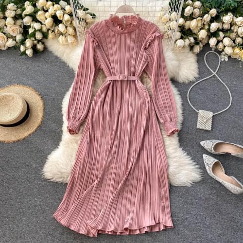 Croysier Spring Autumn Dresses For Women Casual Stand Collar Frill Long Sleeve Pleated Dress With Belt Ladies Elegant Midi Dress