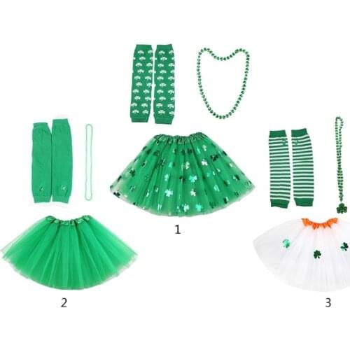Saint Patrick Day Costume Accessories Set Women Shamrock Clover Tulle Tutu Skirt Arm Warmers Necklace Ireland Party Prop