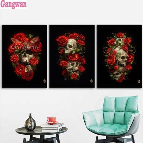 Rose Flower Skull Eternal Life Triptych diamond painting diamond mosaic full embroidery handmade rhinestone Halloween 3pcs Decor