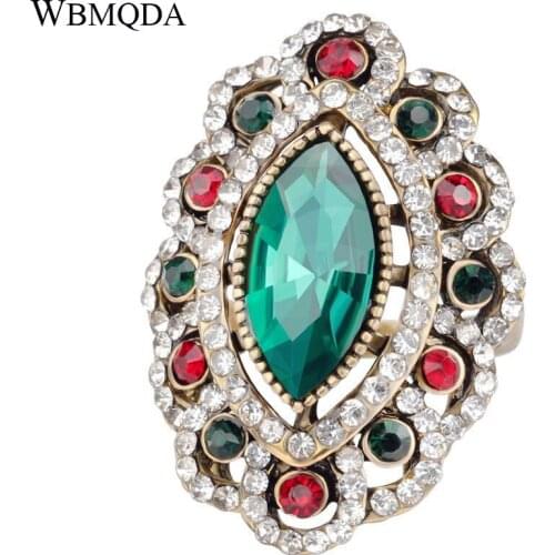 Vintage Green Red Glass Stone Antique Gold Ring Mosaic Crystal Wedding Rings For Women Ethnic Party Accessories