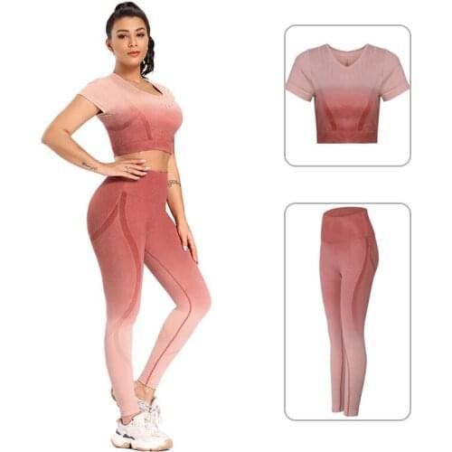 Two Piece Set Women Seamless Crop Top High Waist Leggings Workout Clothes Short Sleeve Fitness Suits Running Biker Gym Clothing