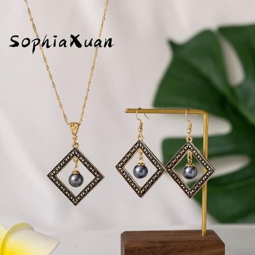 SophiaXuan Hawaiian Earring and Necklace Set Plated Fashion Polynesian Geometry Necklaces Jewelry Sets Gold for Women Style Gift