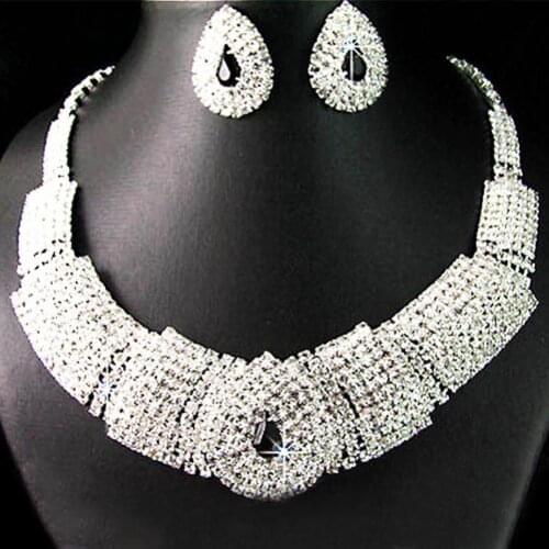 Women Lady Rhinestone Collar Rhinestone Statement Bib Necklace Earrings Set