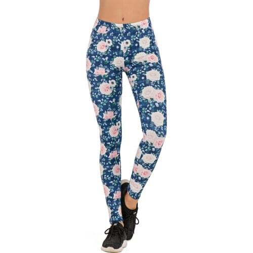 Brands Women Fashion Legging Roses Blue Gird Printing leggins Slim legins High Waist Leggings Woman Pants
