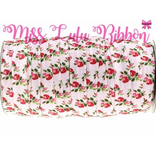 5/8" 16mm 50yards/roll Beautiful Rose Flower Pattern Printed Foe Ribbon Elastic Hair Accessories DIY Christmas MD191009-16-23836