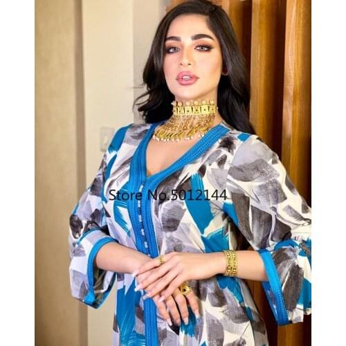 Dubai Fashion Printed Maxi Dress Abaya Muslim Women Loose Style Braid Trimmed Long Sleeve Morroco Kaftan Islam Clothes