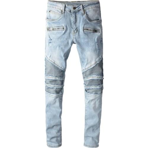 New mens male trousers fashion American street autumn winter light-colored damage patch jeans stretch slim motorcycle pants