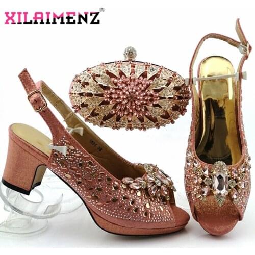 Peach Color Italian Design Coming of age Cermony Gift For Party Decorate with Rhinestone African Women Shoes and Bag Set