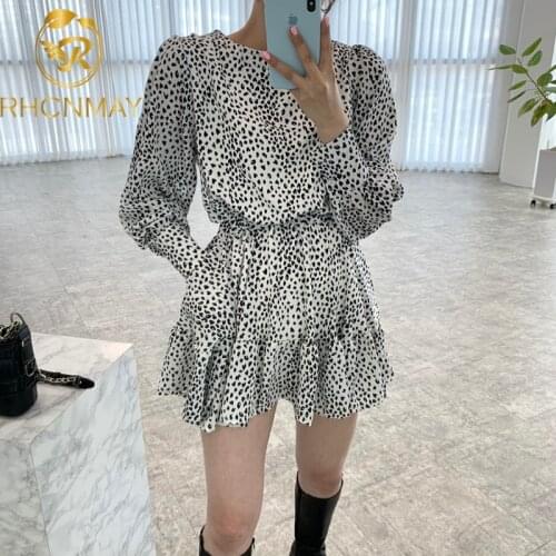 Women Dress Vintage Long Sleeve Korean Chic Casual Ruffles Leopard Printed High Waist Dress Loose Female Vestidos