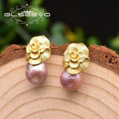 GLSEEVO Real Natural Purple Pearl Flower Earring For Wedding Womens Cute Jewelry For Girl 925 Silver Pin Aretes De Mujer GE0946